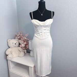 White Satin Corset Midi Dress